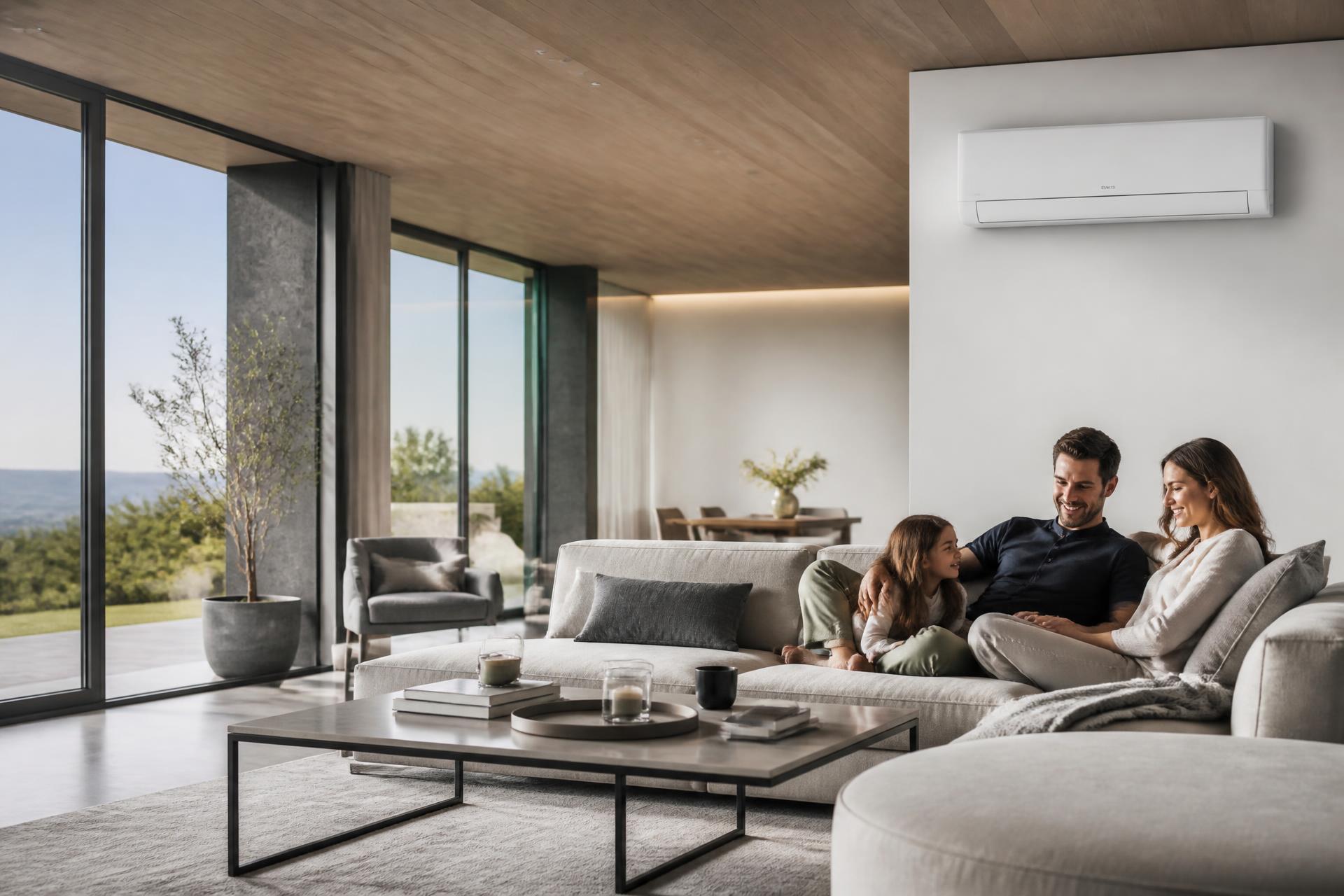 Family relaxing in a modern UK living room with a Climate365 air conditioning unit